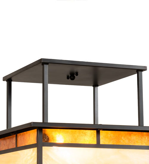 Meyda Lighting Hyde Park 18"Sq 2-Light Craftsman Brown "T" Mission Flush Mount Light With Beige Iridescent And Amber Mica Shade Glass