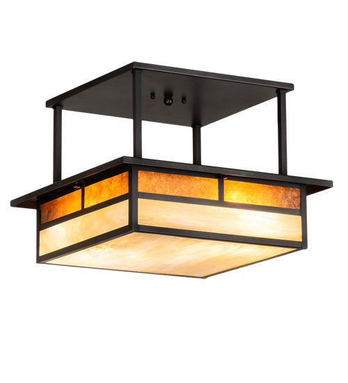 Meyda Lighting Hyde Park 18"Sq 2-Light Craftsman Brown "T" Mission Flush Mount Light With Beige Iridescent And Amber Mica Shade Glass