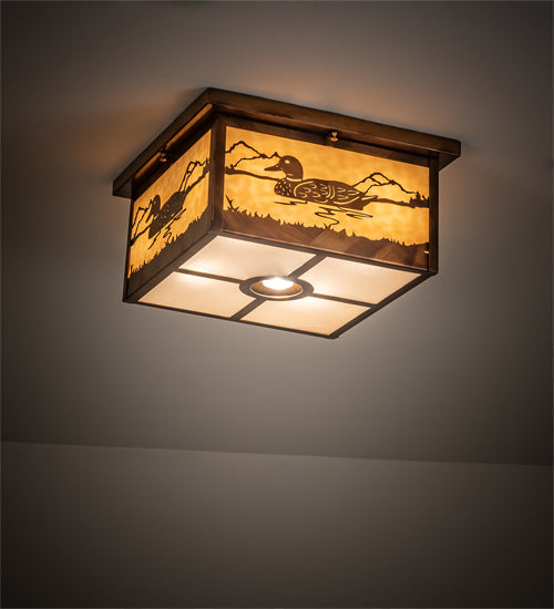 Meyda Lighting Hyde Park 18"Sq 5-Light Vintage Copper Mallard Flush Mount Light With Beige & Frosted Seeded Shade Glass