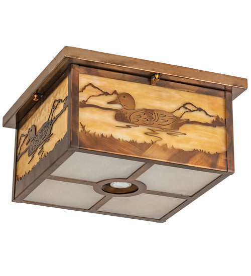 Meyda Lighting Hyde Park 18"Sq 5-Light Vintage Copper Mallard Flush Mount Light With Beige & Frosted Seeded Shade Glass