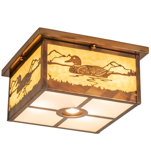 Meyda Lighting Hyde Park 18"Sq 5-Light Vintage Copper Mallard Flush Mount Light With Beige & Frosted Seeded Shade Glass