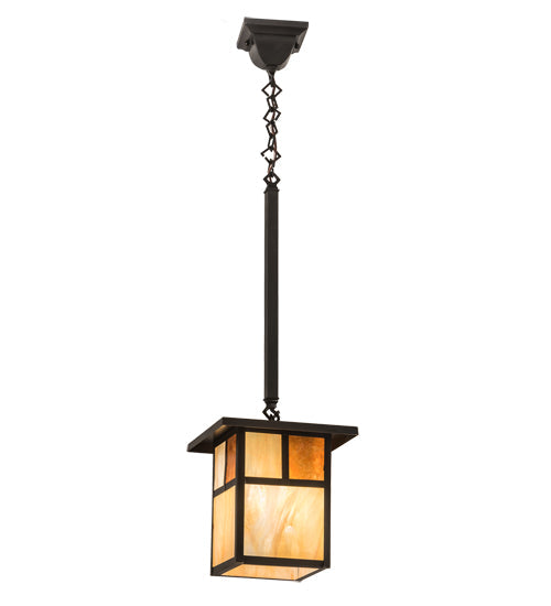 Meyda Lighting Hyde Park 194827 9"Sq Craftsman Brown "T" Mission Pendant Light With Beige Iridescent Glass & Amber Mica Shade