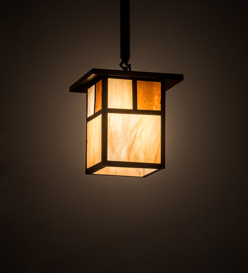 Meyda Lighting Hyde Park 194827 9"Sq Craftsman Brown "T" Mission Pendant Light With Beige Iridescent Glass & Amber Mica Shade