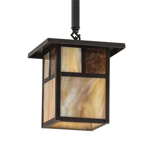 Meyda Lighting Hyde Park 194827 9"Sq Craftsman Brown "T" Mission Pendant Light With Beige Iridescent Glass & Amber Mica Shade