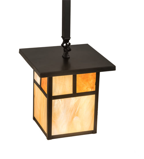 Meyda Lighting Hyde Park 194827 9"Sq Craftsman Brown "T" Mission Pendant Light With Beige Iridescent Glass & Amber Mica Shade