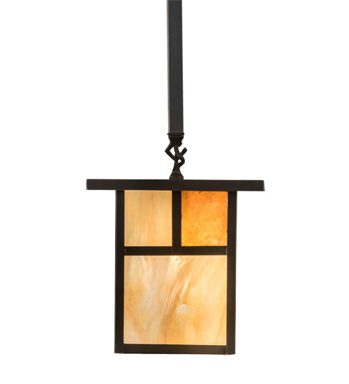 Meyda Lighting Hyde Park 194827 9"Sq Craftsman Brown "T" Mission Pendant Light With Beige Iridescent Glass & Amber Mica Shade