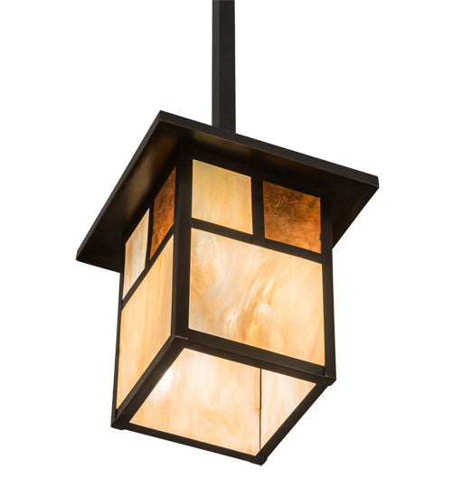 Meyda Lighting Hyde Park 194827 9"Sq Craftsman Brown "T" Mission Pendant Light With Beige Iridescent Glass & Amber Mica Shade