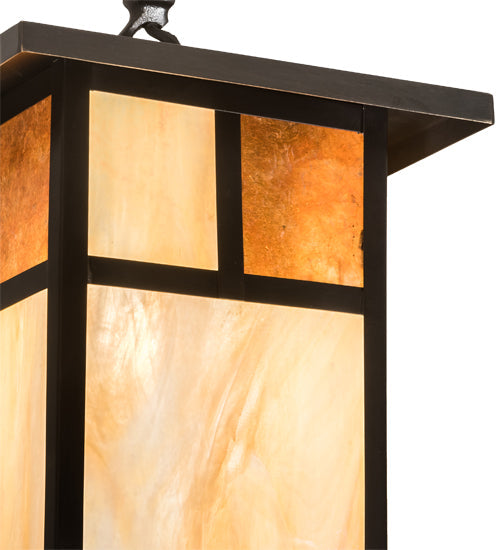 Meyda Lighting Hyde Park 194827 9"Sq Craftsman Brown "T" Mission Pendant Light With Beige Iridescent Glass & Amber Mica Shade
