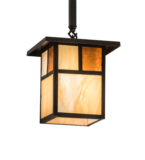 Meyda Lighting Hyde Park 194827 9"Sq Craftsman Brown "T" Mission Pendant Light With Beige Iridescent Glass & Amber Mica Shade