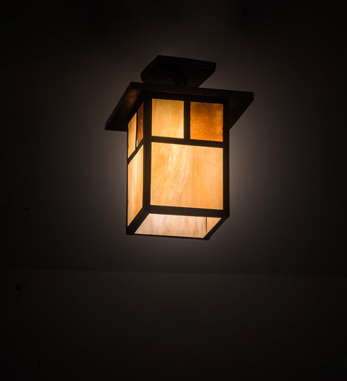 Meyda Lighting Hyde Park 194849 13" Craftsman Brown "T" Mission Pendant Light With Beige Iridescent Glass & Amber Mica Shade
