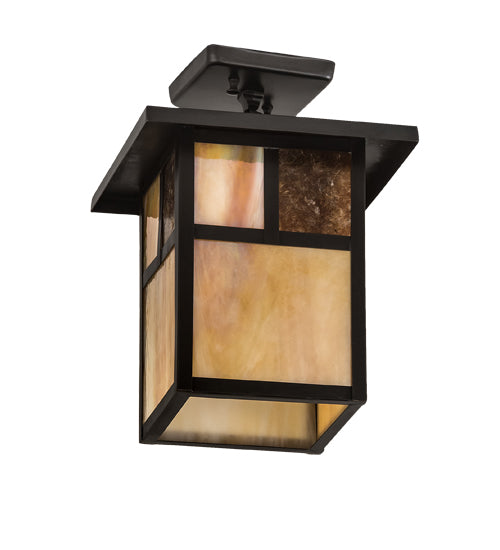 Meyda Lighting Hyde Park 194849 13" Craftsman Brown "T" Mission Pendant Light With Beige Iridescent Glass & Amber Mica Shade