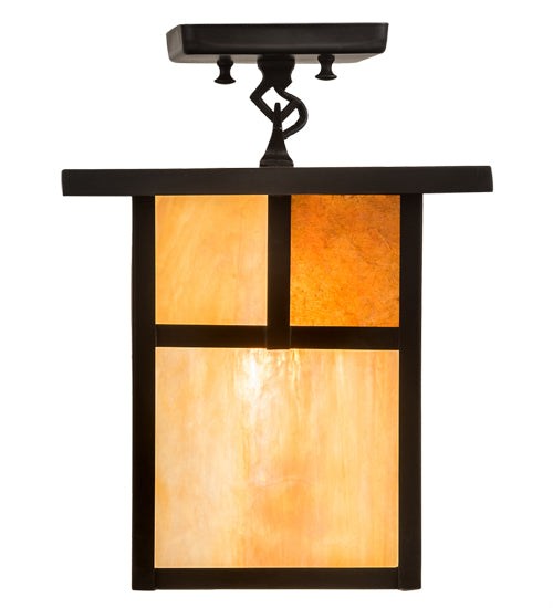 Meyda Lighting Hyde Park 194849 13" Craftsman Brown "T" Mission Pendant Light With Beige Iridescent Glass & Amber Mica Shade