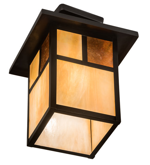 Meyda Lighting Hyde Park 194849 13" Craftsman Brown "T" Mission Pendant Light With Beige Iridescent Glass & Amber Mica Shade