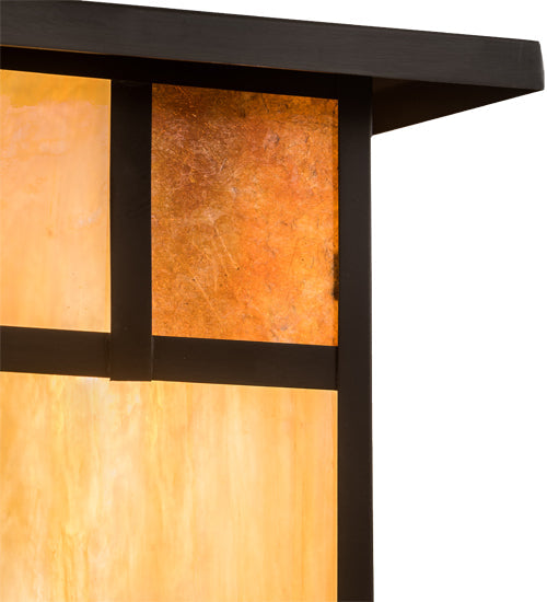 Meyda Lighting Hyde Park 194849 13" Craftsman Brown "T" Mission Pendant Light With Beige Iridescent Glass & Amber Mica Shade