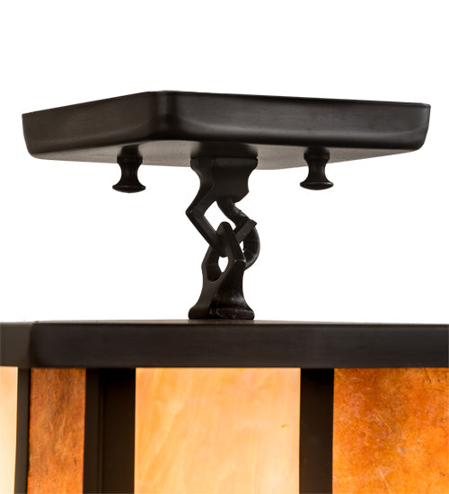 Meyda Lighting Hyde Park 194849 13" Craftsman Brown "T" Mission Pendant Light With Beige Iridescent Glass & Amber Mica Shade