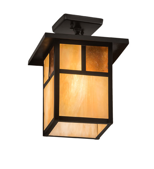 Meyda Lighting Hyde Park 194849 13" Craftsman Brown "T" Mission Pendant Light With Beige Iridescent Glass & Amber Mica Shade