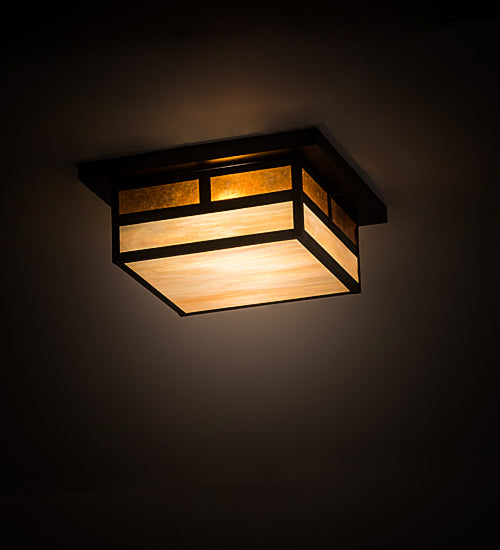 Meyda Lighting Hyde Park 194880 21" 2-Light Craftsman Brown "T" Mission Flush Mount Light With Beige Iridescent And Amber Mica Shade Glass