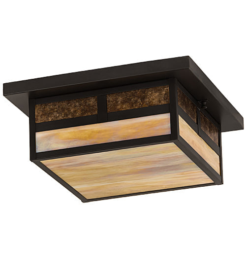 Meyda Lighting Hyde Park 194880 21" 2-Light Craftsman Brown "T" Mission Flush Mount Light With Beige Iridescent And Amber Mica Shade Glass