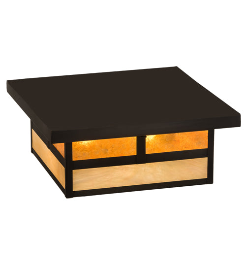 Meyda Lighting Hyde Park 194880 21" 2-Light Craftsman Brown "T" Mission Flush Mount Light With Beige Iridescent And Amber Mica Shade Glass