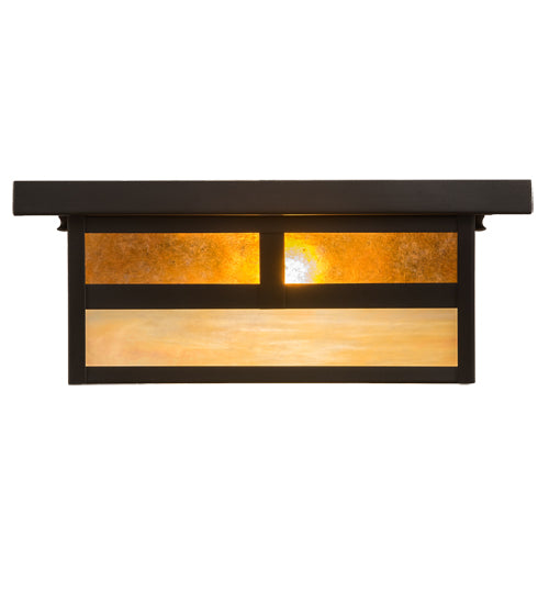 Meyda Lighting Hyde Park 194880 21" 2-Light Craftsman Brown "T" Mission Flush Mount Light With Beige Iridescent And Amber Mica Shade Glass