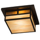 Meyda Lighting Hyde Park 194880 21" 2-Light Craftsman Brown "T" Mission Flush Mount Light With Beige Iridescent And Amber Mica Shade Glass