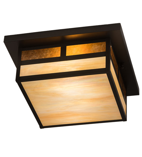 Meyda Lighting Hyde Park 194880 21" 2-Light Craftsman Brown "T" Mission Flush Mount Light With Beige Iridescent And Amber Mica Shade Glass