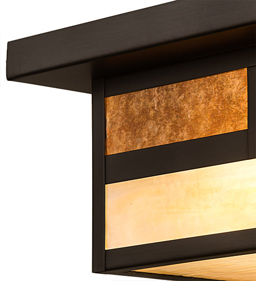 Meyda Lighting Hyde Park 194880 21" 2-Light Craftsman Brown "T" Mission Flush Mount Light With Beige Iridescent And Amber Mica Shade Glass
