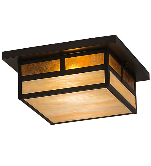 Meyda Lighting Hyde Park 194880 21" 2-Light Craftsman Brown "T" Mission Flush Mount Light With Beige Iridescent And Amber Mica Shade Glass