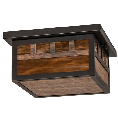 Meyda Lighting Hyde Park 20" 2-Light Craftsman Brown Triple Bar Mission Flush Mount Light With Honey Amber Art Shade Glass