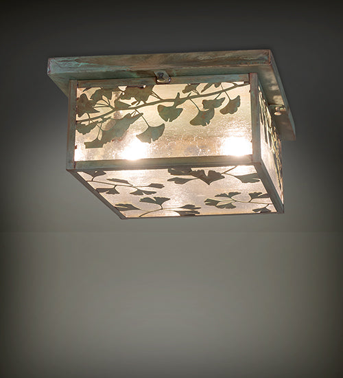 Meyda Lighting Hyde Park 20" 2-Light Verdigris Brass Ginkgo Flush Mount Light With Clear Seeded Shade Glass