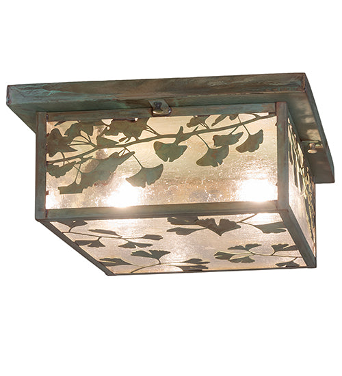Meyda Lighting Hyde Park 20" 2-Light Verdigris Brass Ginkgo Flush Mount Light With Clear Seeded Shade Glass