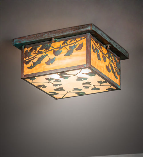 Meyda Lighting Hyde Park 20" 2-Light Verdigris Ginkgo Flush Mount Light With Beige Art & Clear Seeded Shade Glass