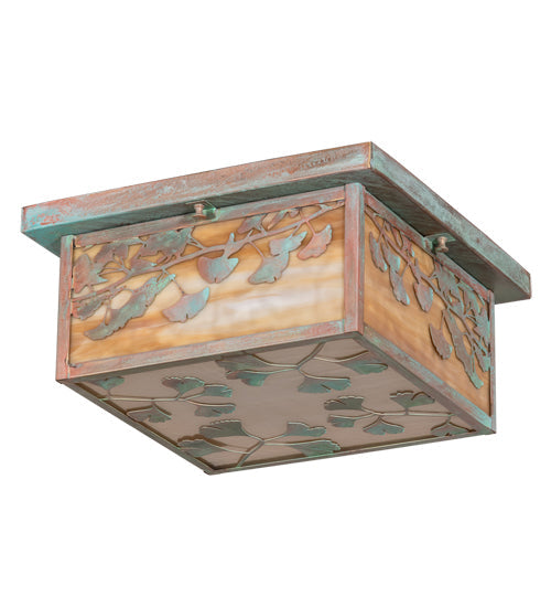 Meyda Lighting Hyde Park 20" 2-Light Verdigris Ginkgo Flush Mount Light With Beige Art & Clear Seeded Shade Glass