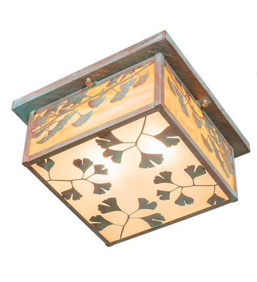 Meyda Lighting Hyde Park 20" 2-Light Verdigris Ginkgo Flush Mount Light With Beige Art & Clear Seeded Shade Glass