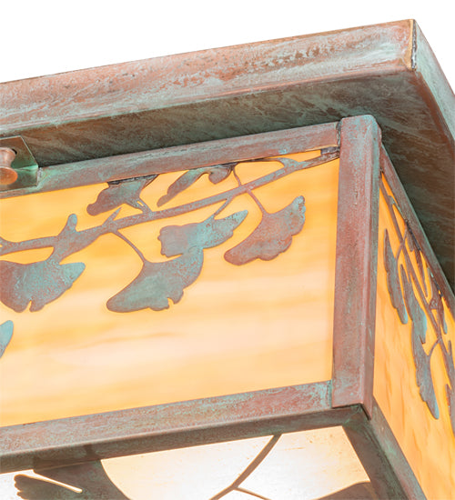 Meyda Lighting Hyde Park 20" 2-Light Verdigris Ginkgo Flush Mount Light With Beige Art & Clear Seeded Shade Glass