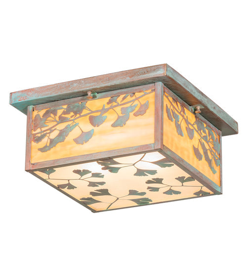 Meyda Lighting Hyde Park 20" 2-Light Verdigris Ginkgo Flush Mount Light With Beige Art & Clear Seeded Shade Glass