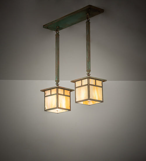 Meyda Lighting Hyde Park 20" 2-Light Verdigris "T" Mission Island Pendant Light With Beige Iridescent Shade Glass