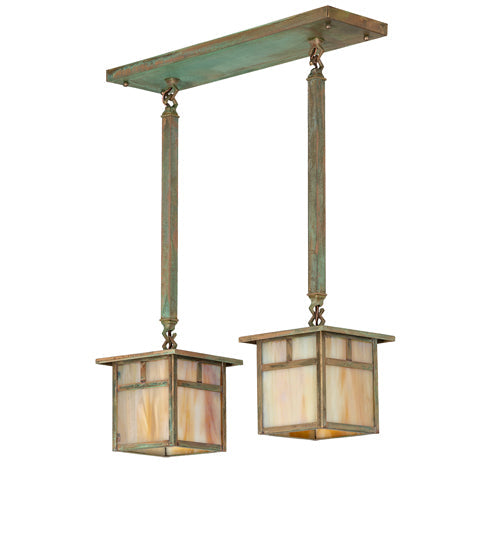 Meyda Lighting Hyde Park 20" 2-Light Verdigris "T" Mission Island Pendant Light With Beige Iridescent Shade Glass