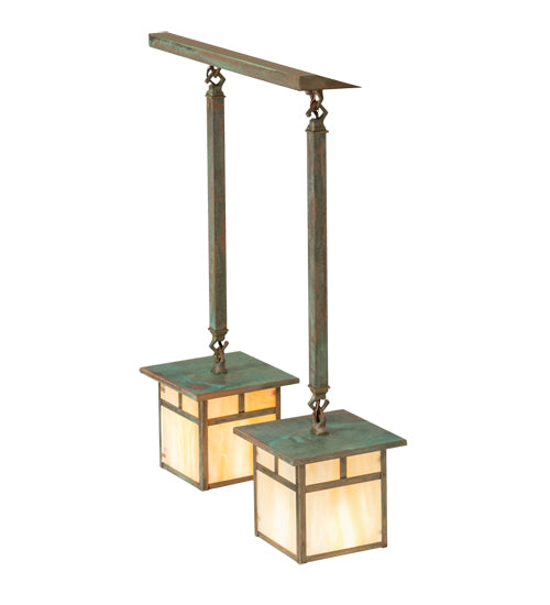 Meyda Lighting Hyde Park 20" 2-Light Verdigris "T" Mission Island Pendant Light With Beige Iridescent Shade Glass