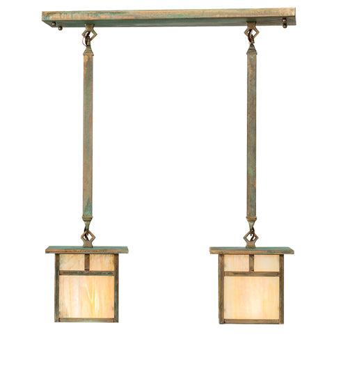 Meyda Lighting Hyde Park 20" 2-Light Verdigris "T" Mission Island Pendant Light With Beige Iridescent Shade Glass