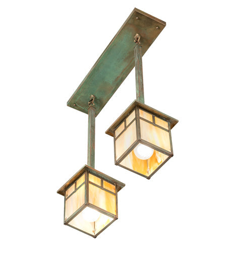 Meyda Lighting Hyde Park 20" 2-Light Verdigris "T" Mission Island Pendant Light With Beige Iridescent Shade Glass