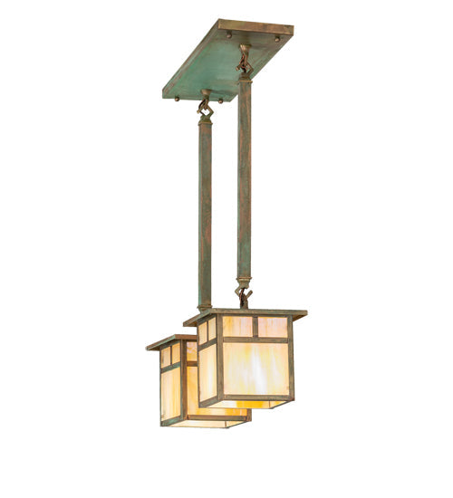Meyda Lighting Hyde Park 20" 2-Light Verdigris "T" Mission Island Pendant Light With Beige Iridescent Shade Glass