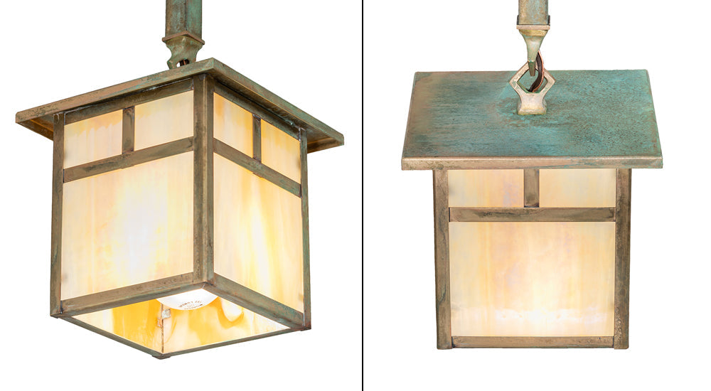 Meyda Lighting Hyde Park 20" 2-Light Verdigris "T" Mission Island Pendant Light With Beige Iridescent Shade Glass
