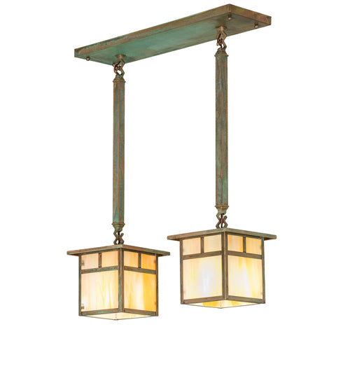 Meyda Lighting Hyde Park 20" 2-Light Verdigris "T" Mission Island Pendant Light With Beige Iridescent Shade Glass