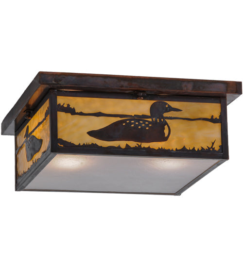 Meyda Lighting Hyde Park 20" 2-Light Vintage Copper Loon Flush Mount Light With Frosted Seeded & Beige Art Shade Glass