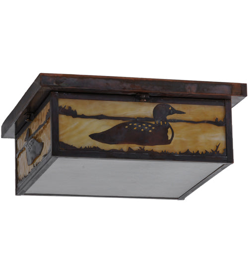 Meyda Lighting Hyde Park 20" 2-Light Vintage Copper Loon Flush Mount Light With Frosted Seeded & Beige Art Shade Glass