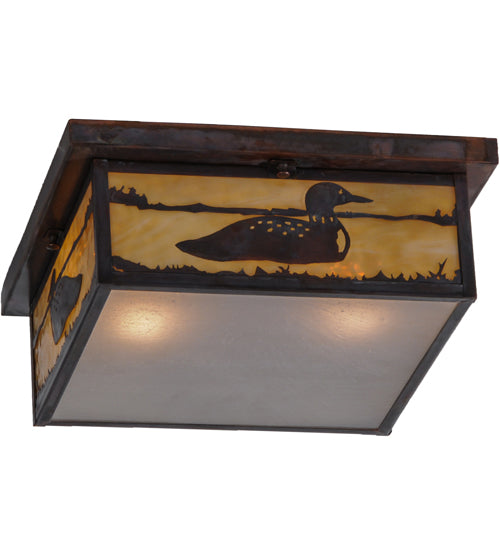 Meyda Lighting Hyde Park 20" 2-Light Vintage Copper Loon Flush Mount Light With Frosted Seeded & Beige Art Shade Glass