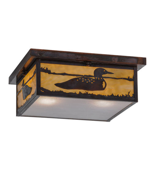 Meyda Lighting Hyde Park 20" 2-Light Vintage Copper Loon Flush Mount Light With Frosted Seeded & Beige Art Shade Glass