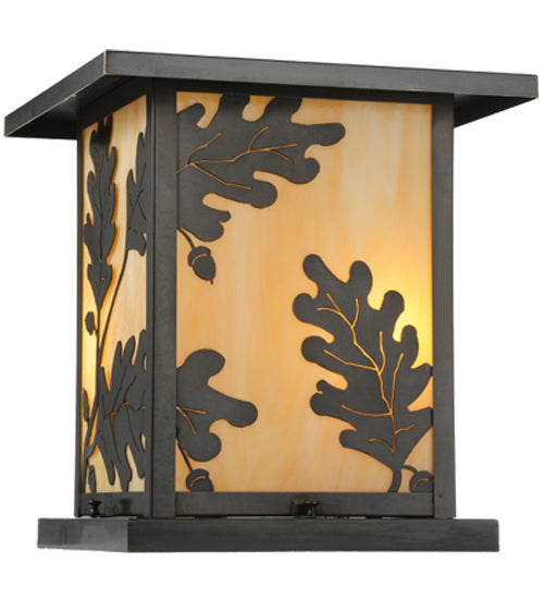 Meyda Lighting Hyde Park 20" Craftsman Brown Oak Leaf Outdoor Pier Mount Light With Beige Art Shade Glass