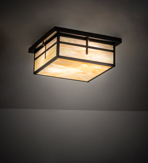 Meyda Lighting Hyde Park 21" 2-Light Craftsman Brown Cross Mission Flush Mount Light With Beige Iridescent Shade Glass
